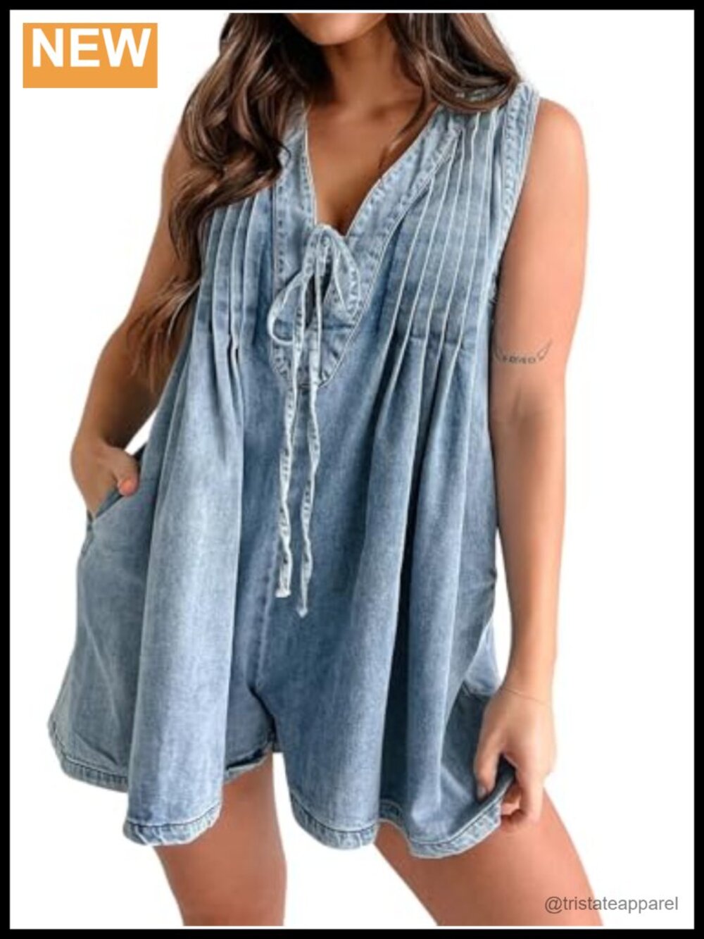 Sleeveless Denim Romper Tie Front V Neck Jean Overall Shorts with Pockets